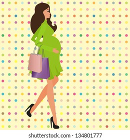 Happy pregnant woman comes out of the store with shopping, vector illustration