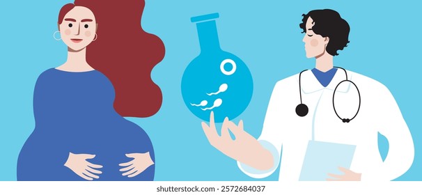 Happy pregnant woman as a concept of planning a family using in vitro fertilization, flat vector stock illustration, consultation with a doctor for IVF