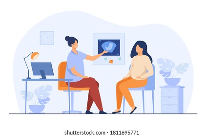 Happy pregnant woman consulting in gynecology office isolated flat vector illustration. Cartoon female patient talking with doctor in hospital. Medicine and pregnancy concept