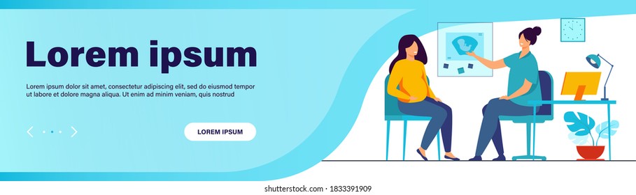 Happy pregnant woman consulting in gynecology office isolated flat vector illustration. Cartoon female patient talking with doctor in hospital. Medicine and pregnancy concept