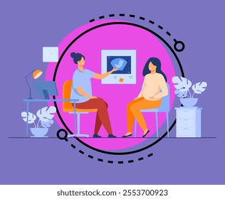Happy pregnant woman consulting in gynecology office isolated flat vector illustration. Cartoon female patient talking with doctor in hospital. Medicine and pregnancy concept