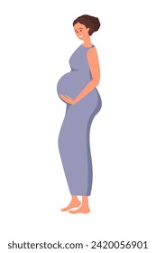 Happy pregnant woman. Cute smiling female character. Waiting for boy or girl. Lady in motherhood. Pregnant woman, future mom hugging belly with arms. Flat vector illustration isolated on white.