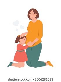 Mujer embarazada feliz con la hija que escucha el cuidado de la barriga de las madres y la ilustración del concepto del amor