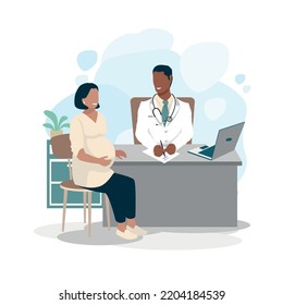 Happy pregnant woman at the doctor's appointment. Examination, consultation and examination during pregnancy. Vector illustration in a flat style.