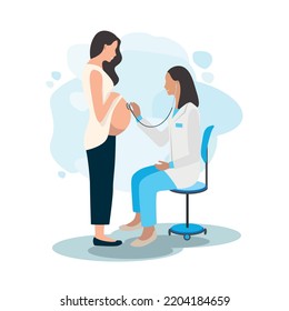 Happy pregnant woman at the doctor's appointment. Examination, consultation and examination during pregnancy. Vector illustration in a flat style.