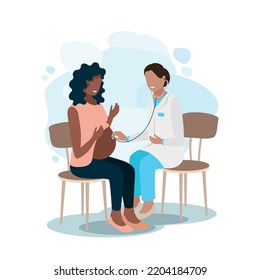 Happy pregnant woman at the doctor's appointment. Examination, consultation and examination during pregnancy. Vector illustration in a flat style.