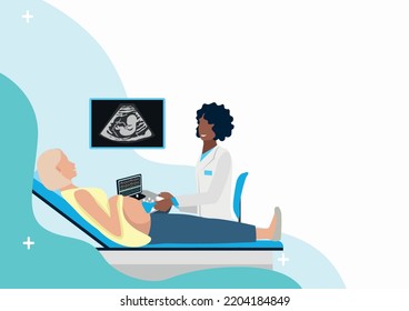 Happy pregnant woman at the doctor's appointment. Examination, consultation and examination during pregnancy. Vector illustration in a flat style.