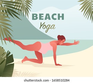 Happy pregnant woman doing yoga on the beach. Summer retreat. Workout outdoor. Vector illustration in flat style for flyers, posters, cards.