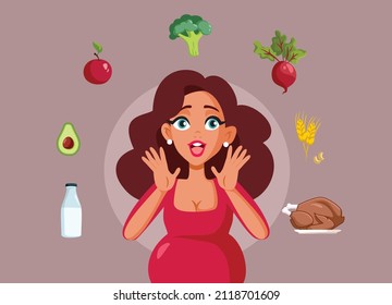 
Happy Pregnant Woman Eating a Balanced Diet Vector Cartoon Illustration. Cheerful mother to be having a healthy lifestyle 
