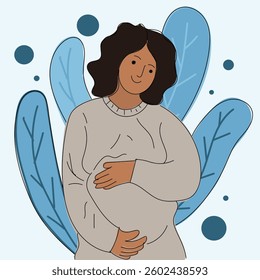 Happy Pregnant Woman Embracing Her Belly isolated on blue background