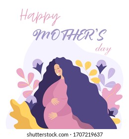 Happy pregnant woman
expecting a baby. Beautiful and cute mom is expecting a baby. Pregnancy. Mother's Day, happy mother's day. Vector flat illustration in modern style.