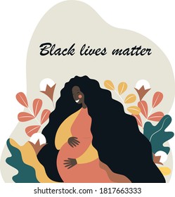 Happy pregnant woman expecting a baby. A beautiful and cute African American mother is expecting a baby. Pregnancy. Black lives matter. Vector flat illustration in modern style.