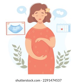 Happy pregnant woman and first ultrasound photo of her child. Vector illustration. Cute future mother in flat cartoon style