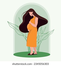 Happy pregnant woman flat design illustration. Beautifully decorated with leaves. vector pregnancy design of a mother carrying her child