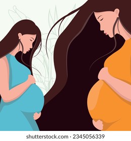 Happy pregnant woman flat design illustration. Beautifully decorated with leaves. vector pregnancy design of a mother carrying her child