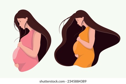Happy pregnant woman flat design illustration. Beautifully decorated with leaves. vector pregnancy design of a mother carrying her child