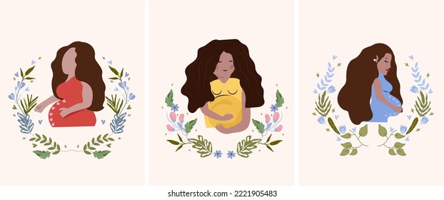 Happy pregnant woman with of flowers and leaves. A woman is waiting for the birth of a child. Concept motherhood, health and pregnant. Vector illustration.