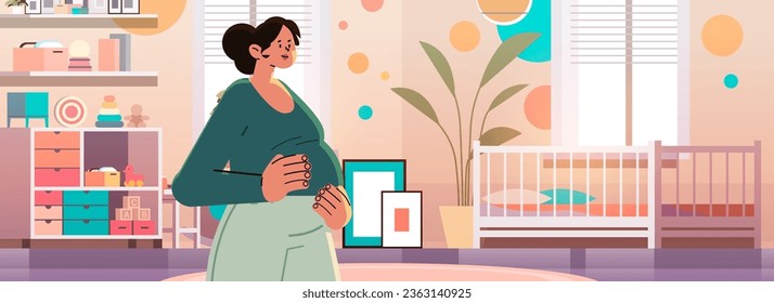 happy pregnant woman future mom hugging belly near crib pregnancy motherhood expectation concept modern kids bedroom interior