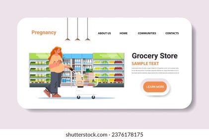 happy pregnant woman future mom pushing shopping cart with groceries pregnancy motherhood expectation concept