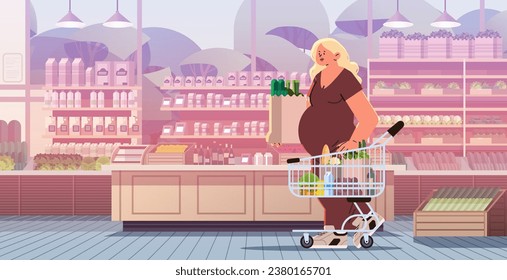 happy pregnant woman future mom pushing shopping cart with groceries pregnancy motherhood expectation concept