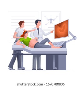 Happy pregnant woman getting ultrasound scan from obstetrician in clinic. Pregnant woman and husband couple doing baby belly sonography scan looking at screen. Pregnancy concept vector illustration.