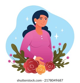 Happy pregnant woman. Girl with big belly stands next to flowers. Expectant mother, motherhood and parenthood. Character expecting baby, mothers day poster or banner. Cartoon flat vector illustration