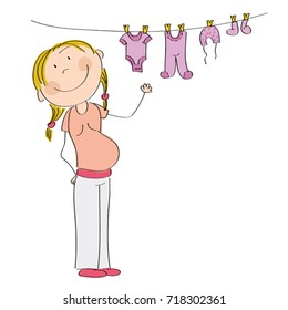 Happy pregnant woman hanging clothes for her unborn baby girl - original hand drawn illustration