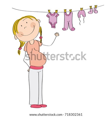 Happy pregnant woman hanging clothes for her unborn baby girl - original hand drawn illustration