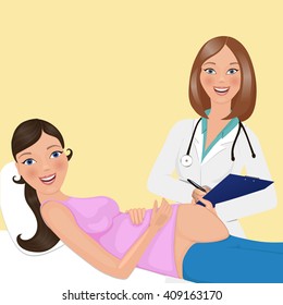 Happy pregnant woman having a doctor visit in hospital