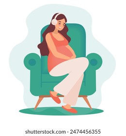 Mujer embarazada feliz en auriculares sentada en la silla, licencia de maternidad, Ilustración vectorial del concepto del embarazo de la salud en estilo plano