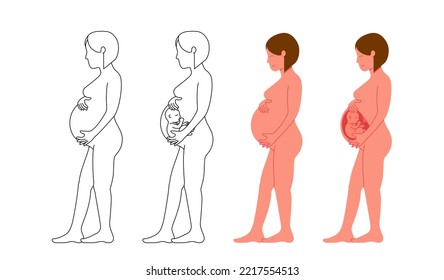 Happy pregnant woman with healthy cute fetus baby in her belly flat and outline style vector illustrations set