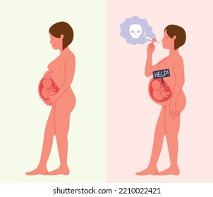 Happy pregnant woman with healthy fetus baby inside her belly and smoking woman with a child asking for help vector illustration