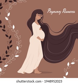 Happy pregnant woman holding her belly, Cartoon healthy mother with long hair holds her hands on her stomach with baby,Young woman expecting a baby, Flat cartoon vector illustration