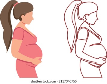 Happy pregnant woman holding her belly. Vector illustration. Pouring and line icon