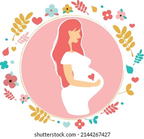 Happy Pregnant Woman Holding Her Belly. Health, Care, Pregnancy Planning. Prenatal Development. Flat Cartoon Isolated.