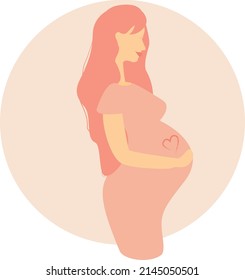 Happy Pregnant Woman Holding Her Belly. Health, Care, Pregnancy Planning. Prenatal Development. Flat Cartoon Isolated.