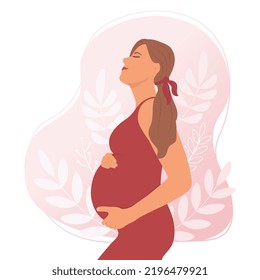 Happy pregnant woman holding her belly. The expectation of child. Vector illustration.