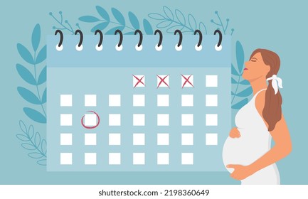 Happy pregnant woman holding her belly. Pregnant woman with calendar. The expectation of child. Vector illustration.