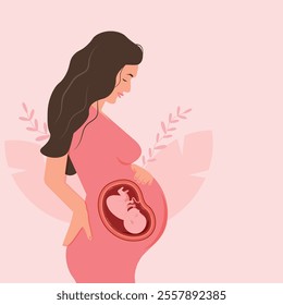 Happy pregnant woman holding her belly The expectation of child. Embryo baby. Vector illustration