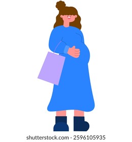 happy pregnant woman holding shopping bags, preparing for motherhood flat vector illustration