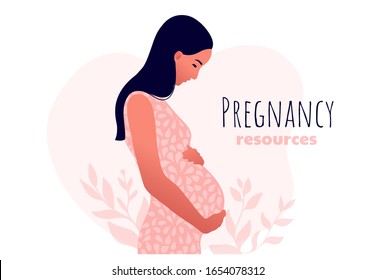 Happy pregnant woman holds her belly. Pregnancy resources type. Active well fitted pregnant female character. Happy pregnancy. Flat cartoon vector illustration