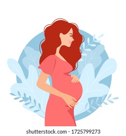 Happy pregnant woman holds her belly. Decorated beautiful leaves. Decorated beautiful leaves.Vector illustration.