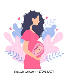 Happy pregnant woman holds her belly. Decorated beautiful leaves. Decorated beautiful leaves.Vector illustration.