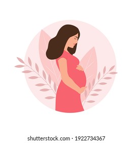 Happy pregnant woman holds her belly. Pregnancy concept. Vector illustration.