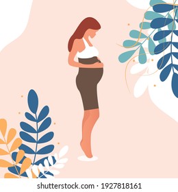 Happy pregnant woman holds her belly. Decorated beautiful leaves.Vector illustration.