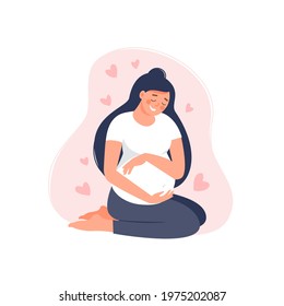 Happy pregnant woman holds her belly isolated on pink. Pregnancy female sitting with pink hearts. Vector flat illustration. Concept of maternity and healthy lifestyle for banner, landing page, card