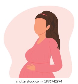 Happy pregnant woman holds her belly. Decorated beautiful leaves.Vector illustration.