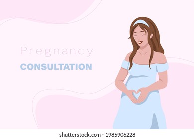Happy pregnant woman holds her belly. Pregnancy consultation. Vector illustration in flat style.