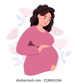 Happy pregnant woman holds her belly. Pregnancy resources type. Active well fitted pregnant female character. Happy pregnancy. Flat cartoon vector illustration