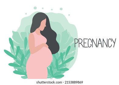 A happy pregnant woman holds her stomach. Pregnancy. Happy pregnancy. Flat vector cartoon illustration.